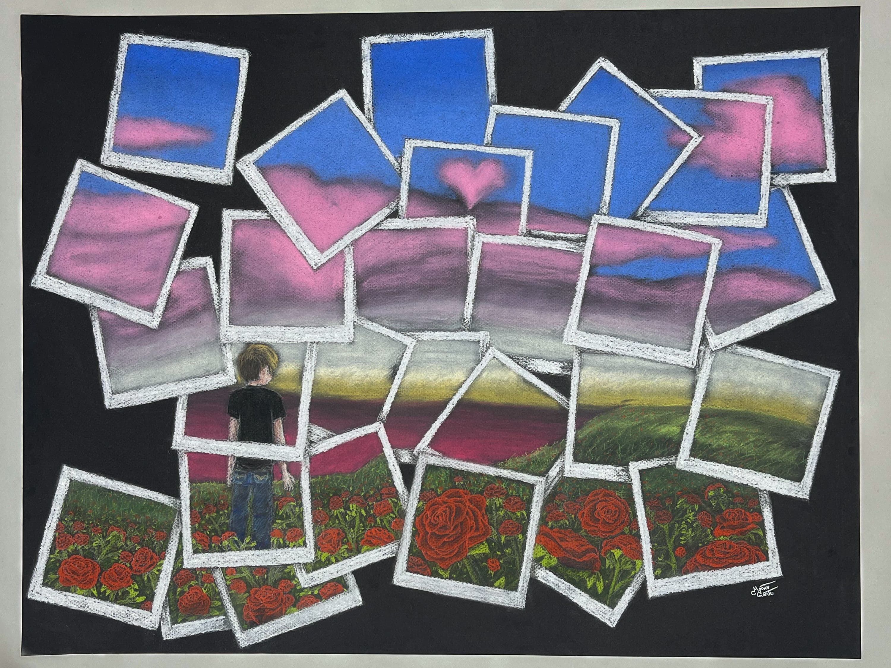 A collage of physical images where each image creates a larger image of a person standing in a rose field with a a purple ocean, Blue sky and purple clouds.