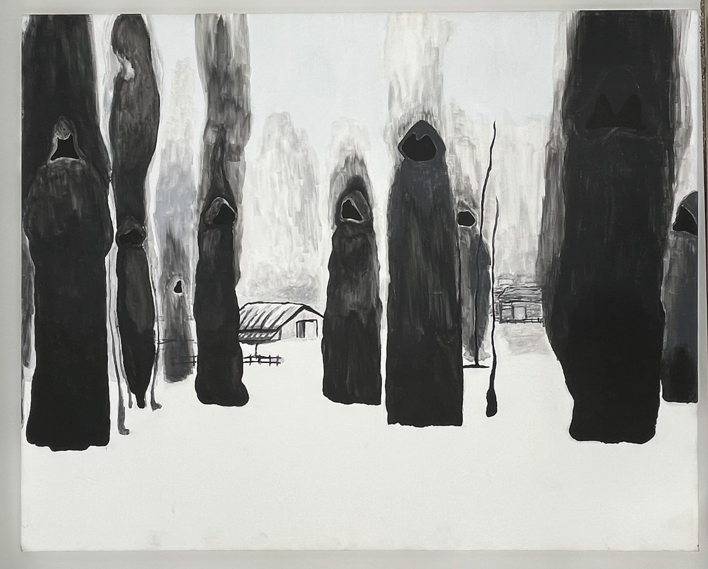 Monochrome 9 hooded figures with aura spread out across a landscape.