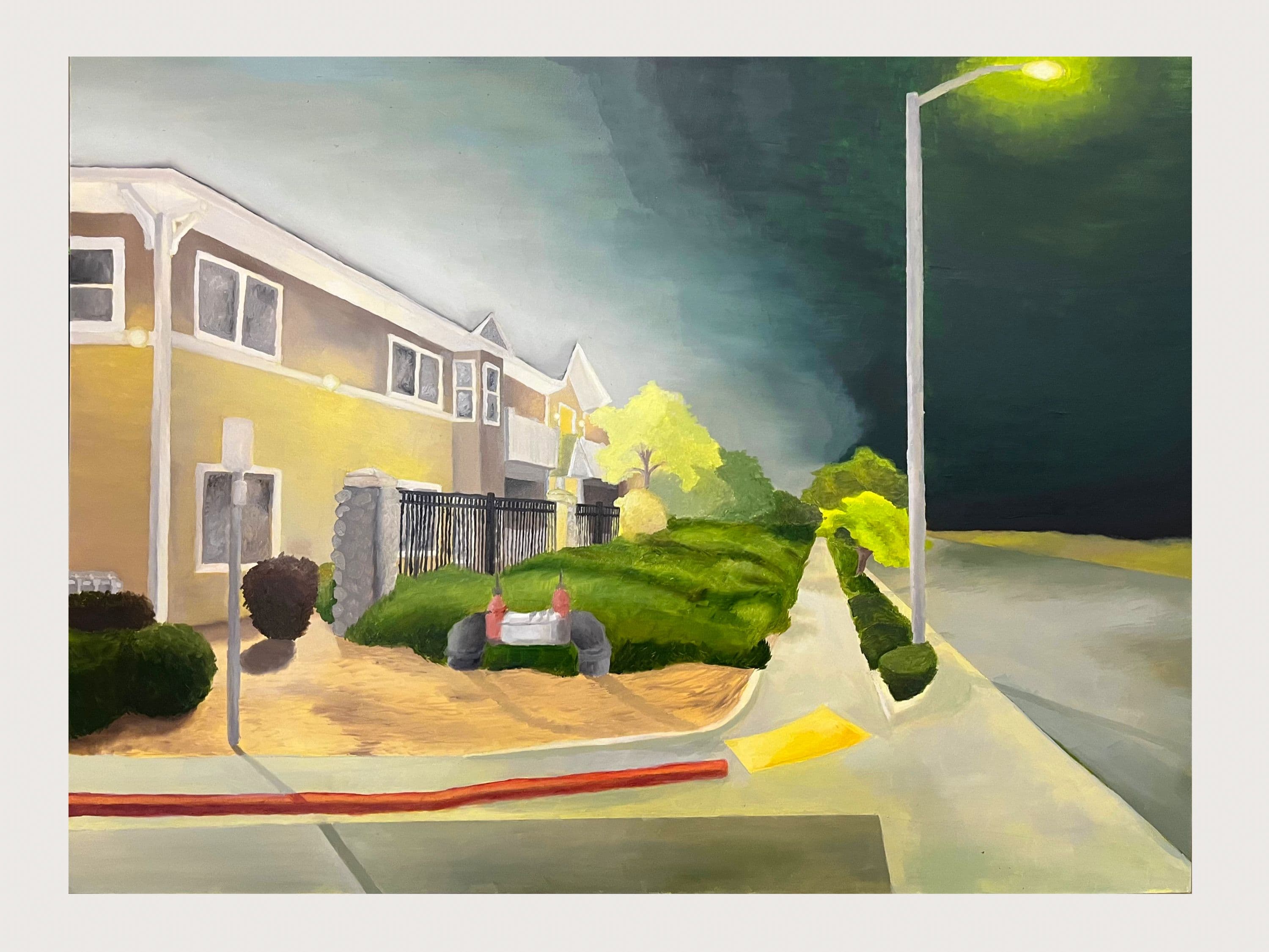 Painting in color of the outside of a building in the night.