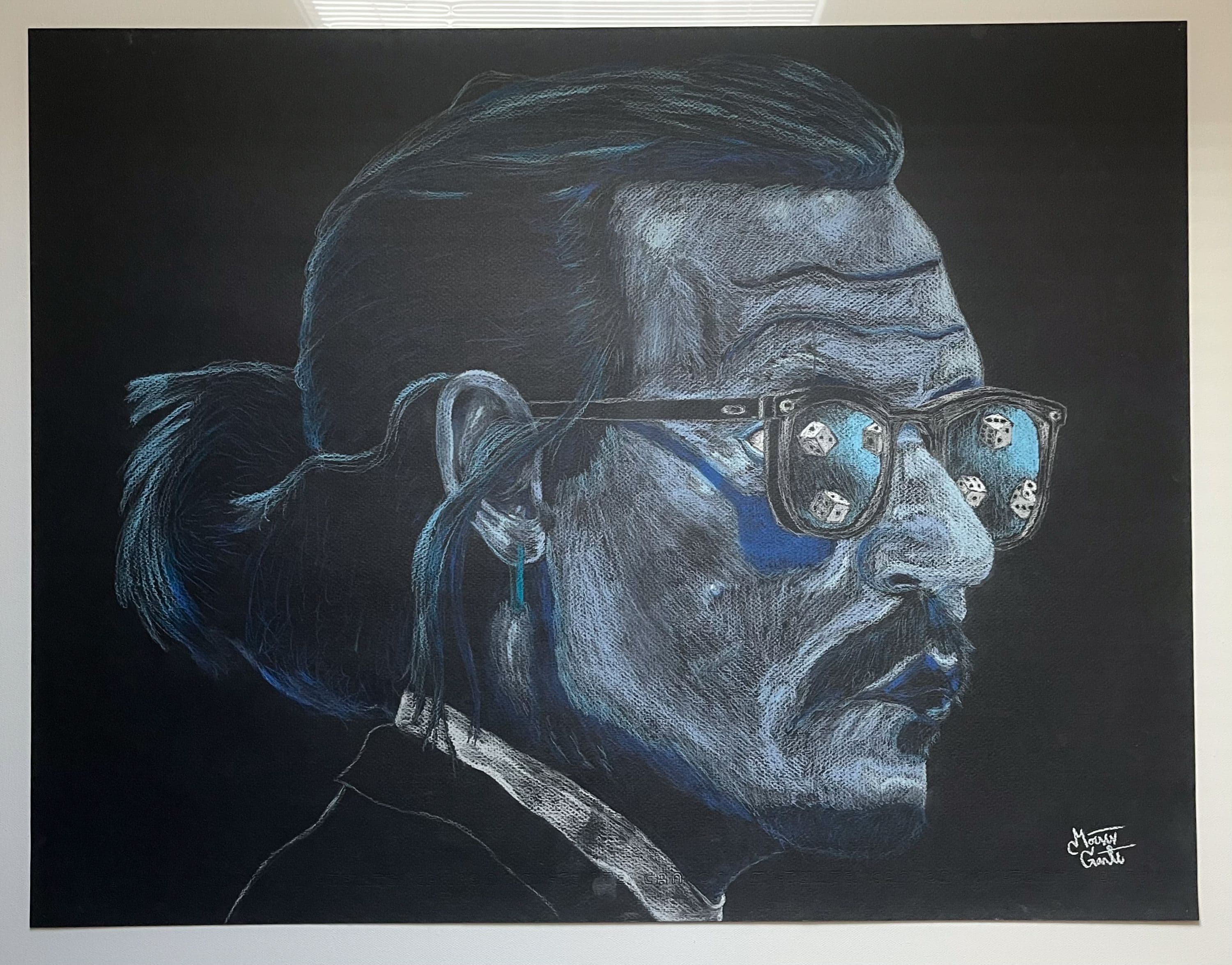 Blue monochrome painting of Johnny Depp with sunglasses that contain dice within the reflection.