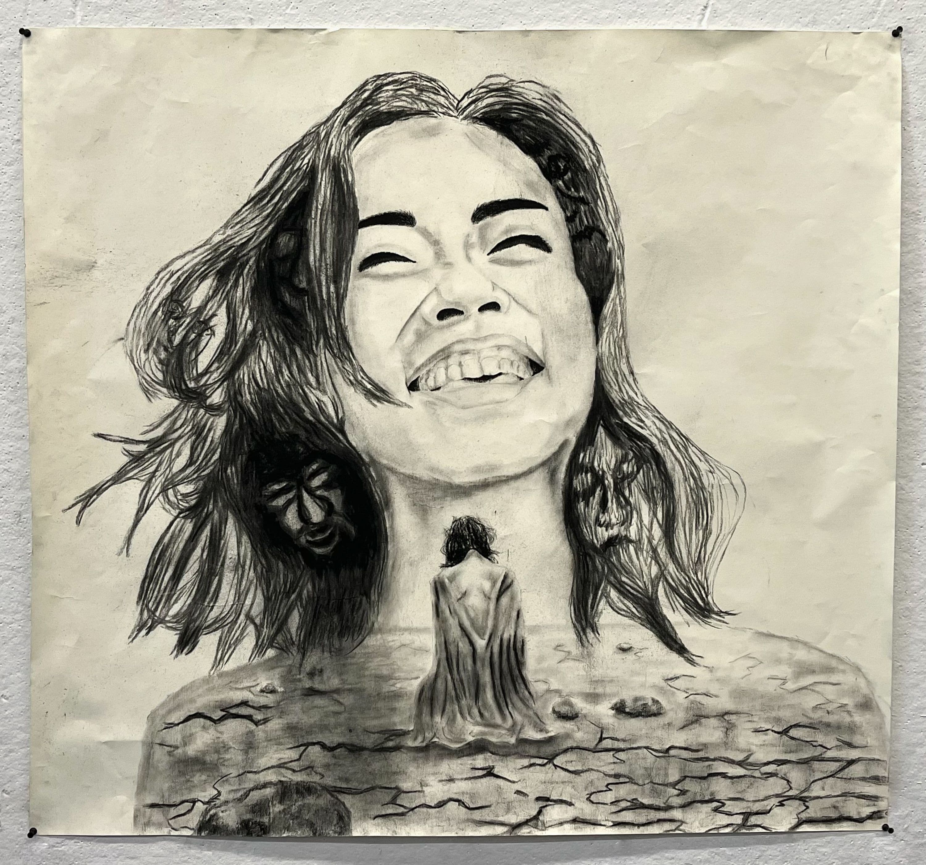 "Mixed media artwork featuring a smiling woman with flowing hair, with surreal elements including a small shadowy figure and a robed figure standing on a textured, stone-like surface below"