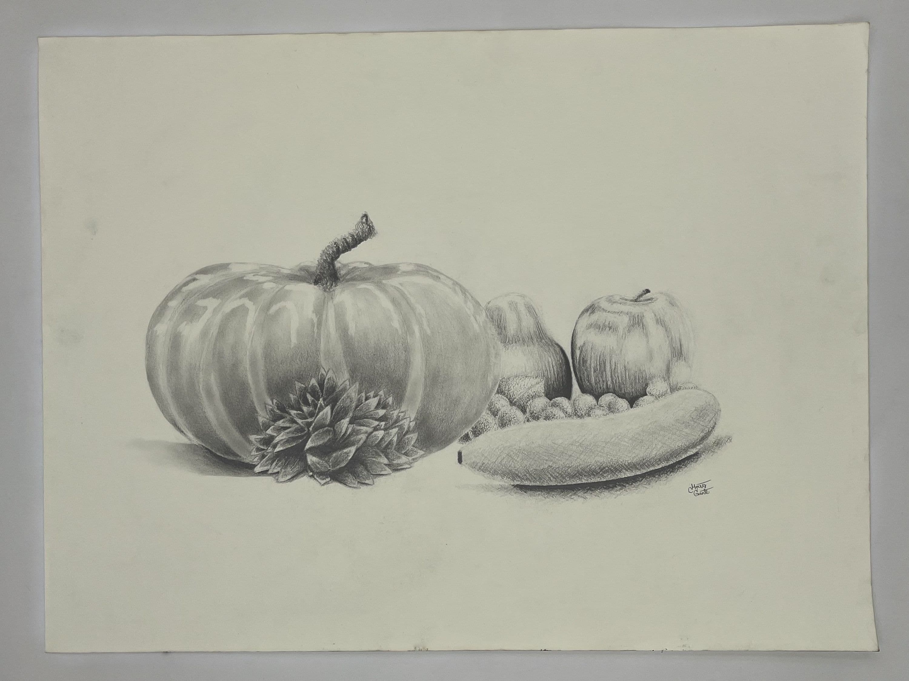 Drawing of pumpkin, banana, apple, pear, and grapes with a flower.