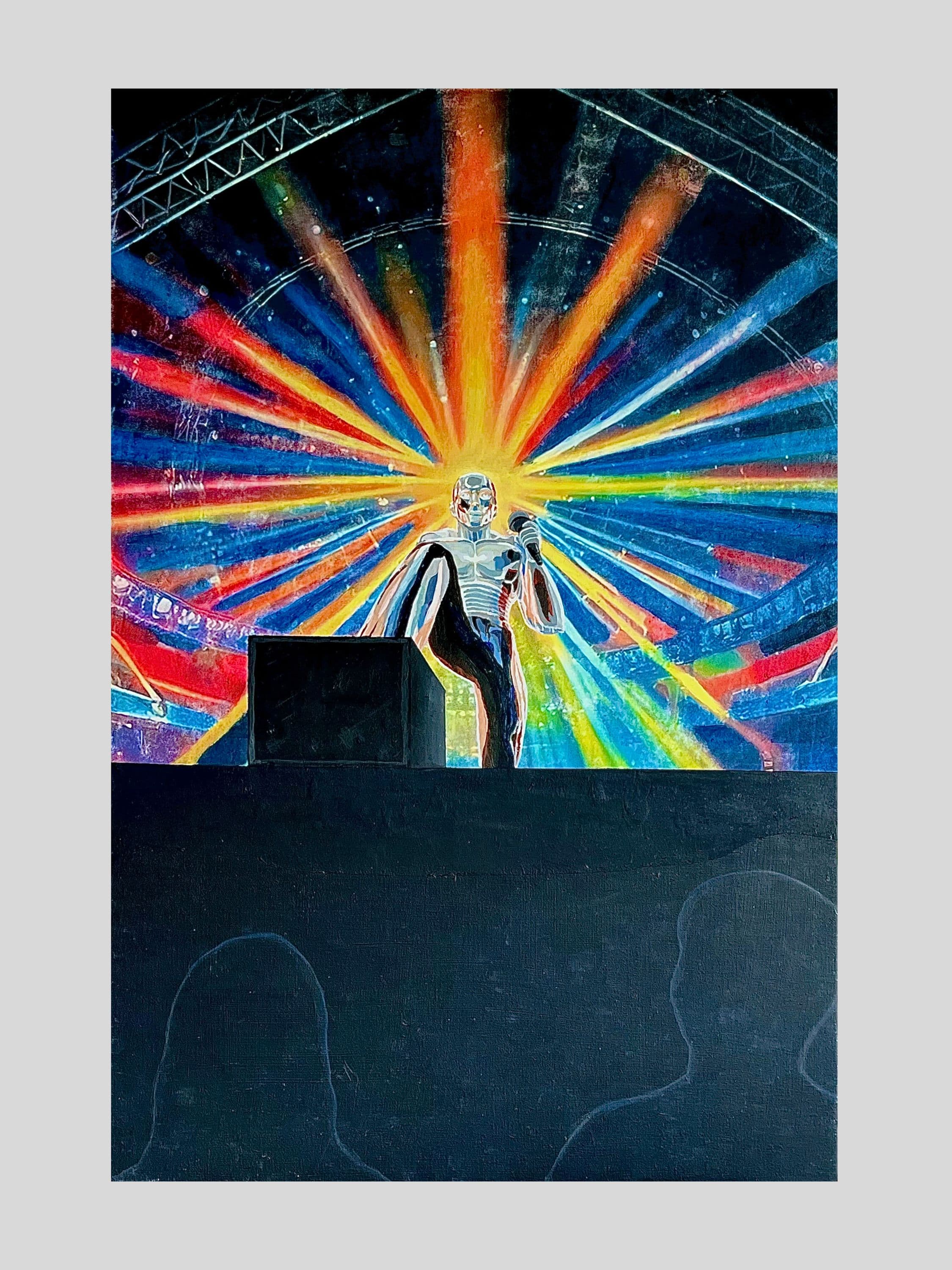 A abstract shiny silhouette witch abstract colors appearing from behind its head