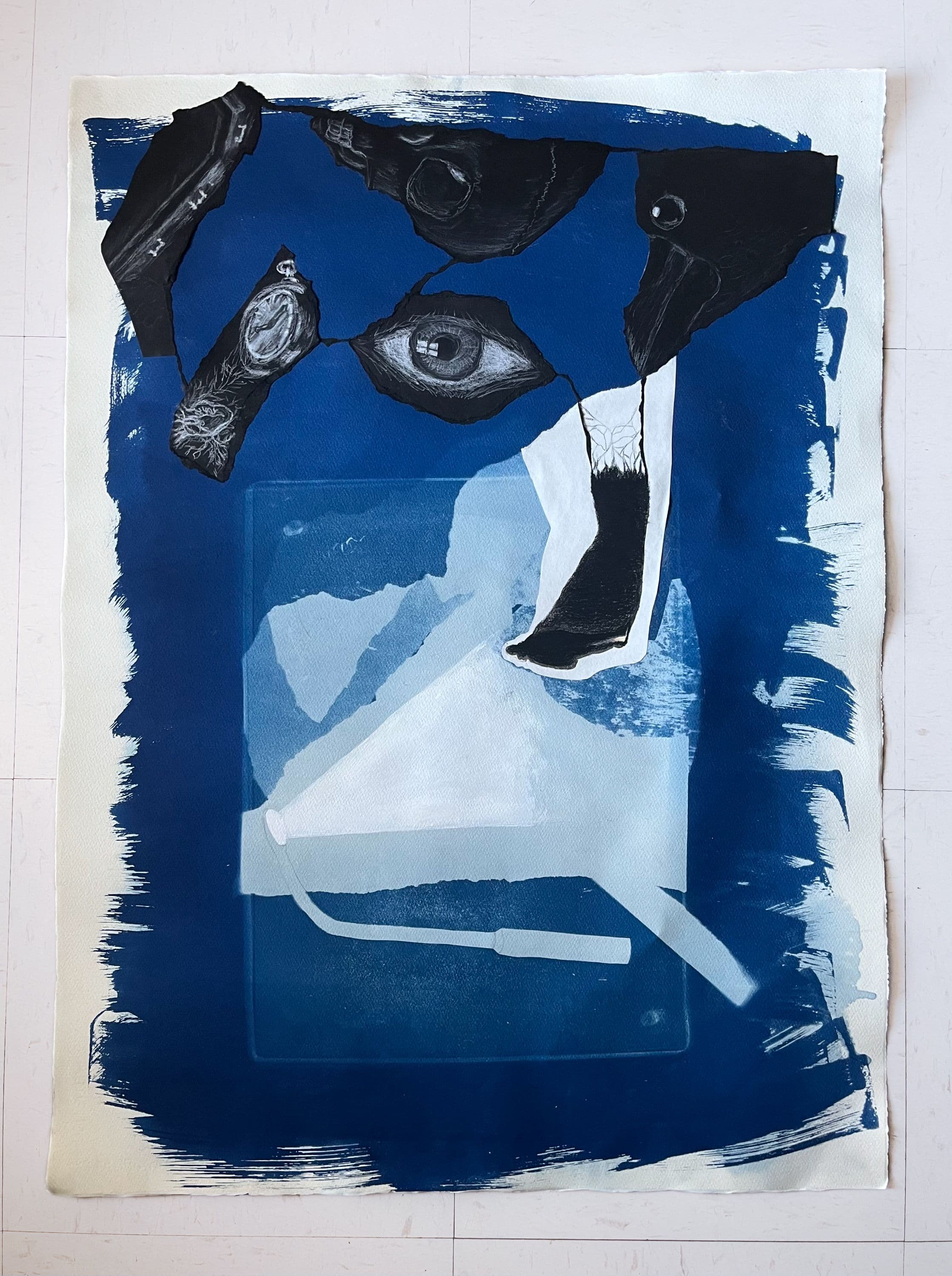 person with dark shadow standing in blue area under street lamps. shadow flows out and transforms into different black sections with drawings inside.