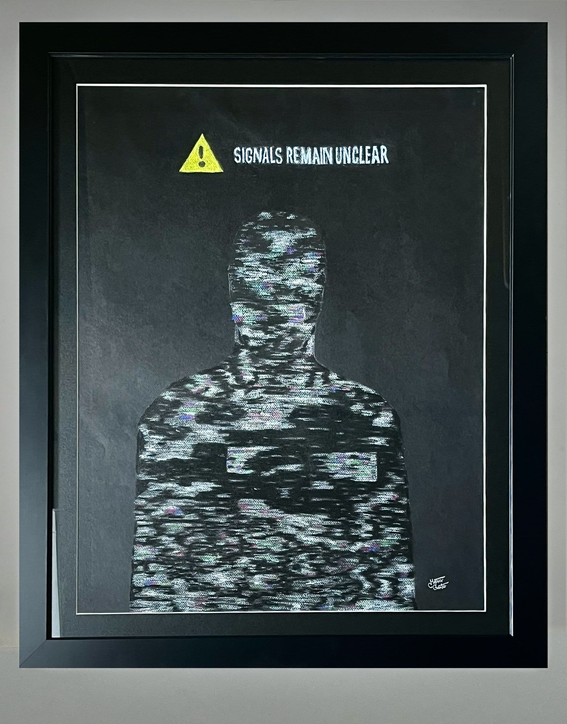 An abstract silohuette of a person with TV static within, A warning in text above reading "Signals Remain Unclear"