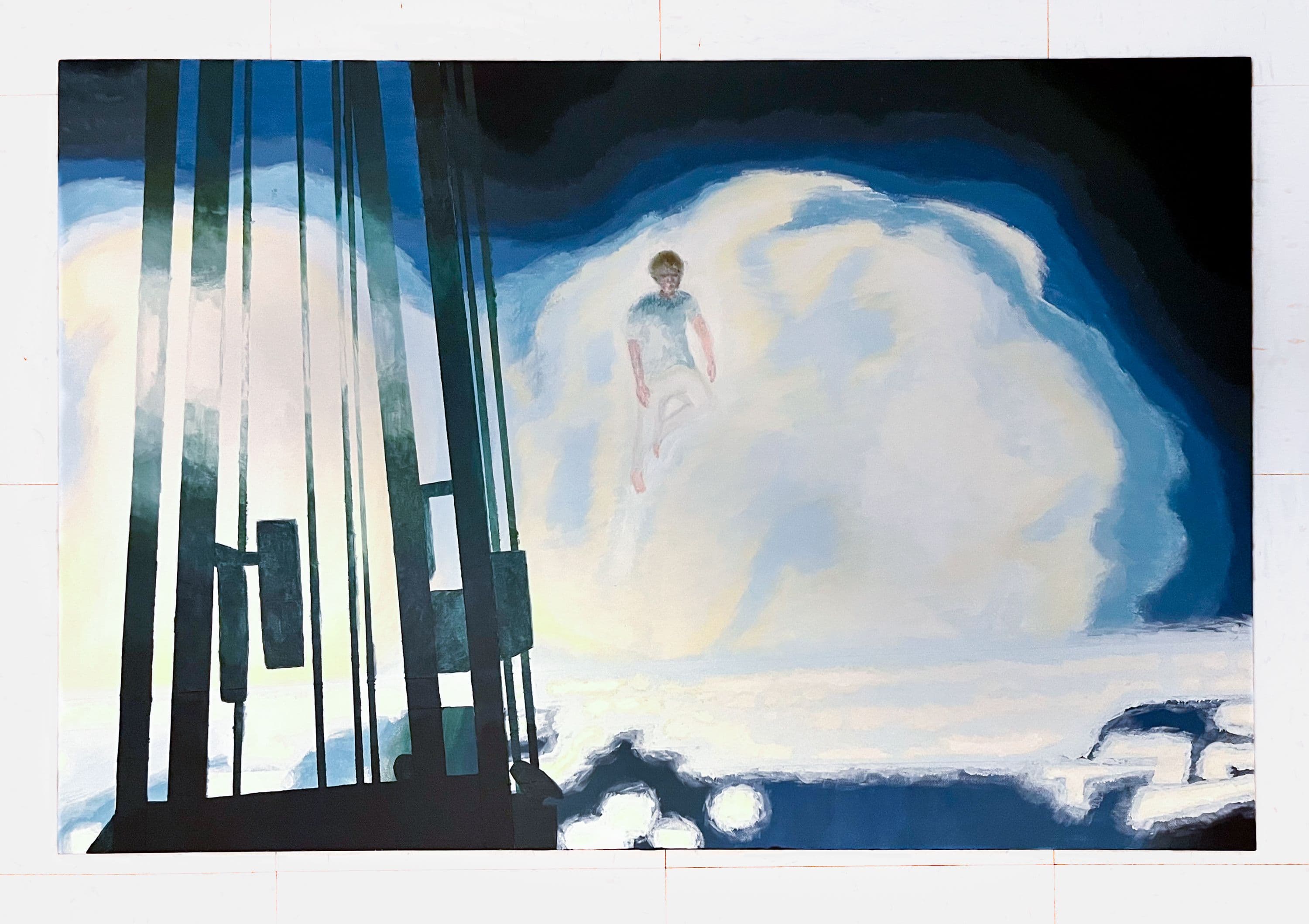 Figure floating in dynamic sky next to a signal tower with bright city lights in the backgrund.